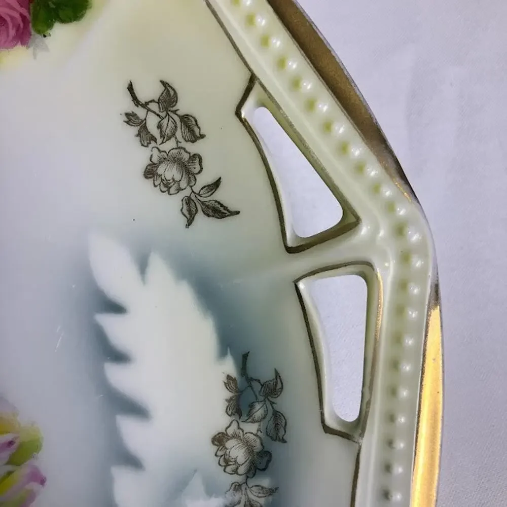 Antique PK Silesia Koenigszelt Handled Cake Plate Roses Gold Reticulated 9”
